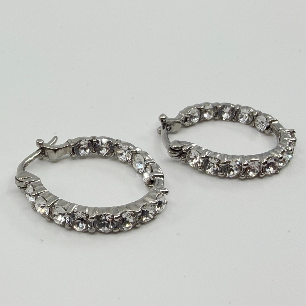 Vintage Y2K Silver Tone Clear Crystal Rhinestone Inside Out Hoop Earrings Retro